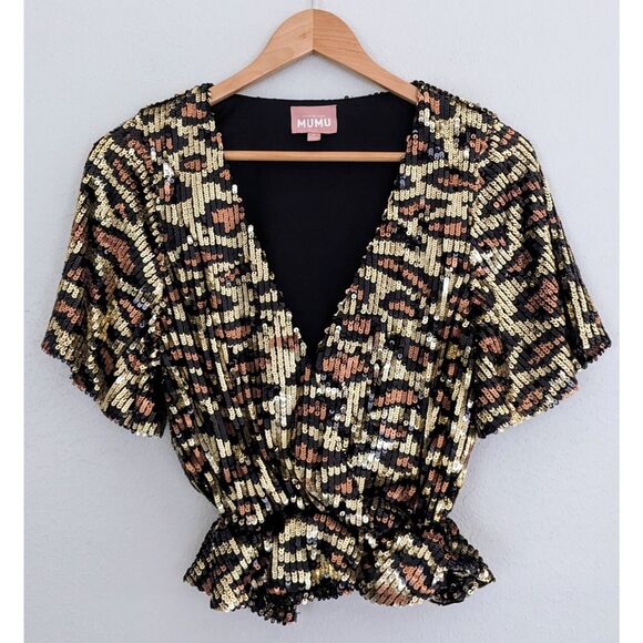 Show Me Your Mumu Eve Cheetah Sequin Top Black Gold Sparkly Party Blouse Small - Picture 3 of 8